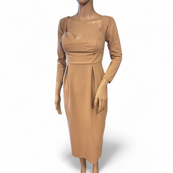 ASOS Dresses & Skirts - NWT ASOS Camel Beige Bardot 3/4 Sleeve High-Waist Midi Dress Size 6